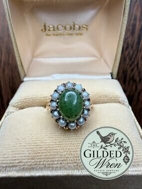 Vintage Mid Century 10K Gold Nephrite Jade Seed Pearl Ring Size 6 3.88g